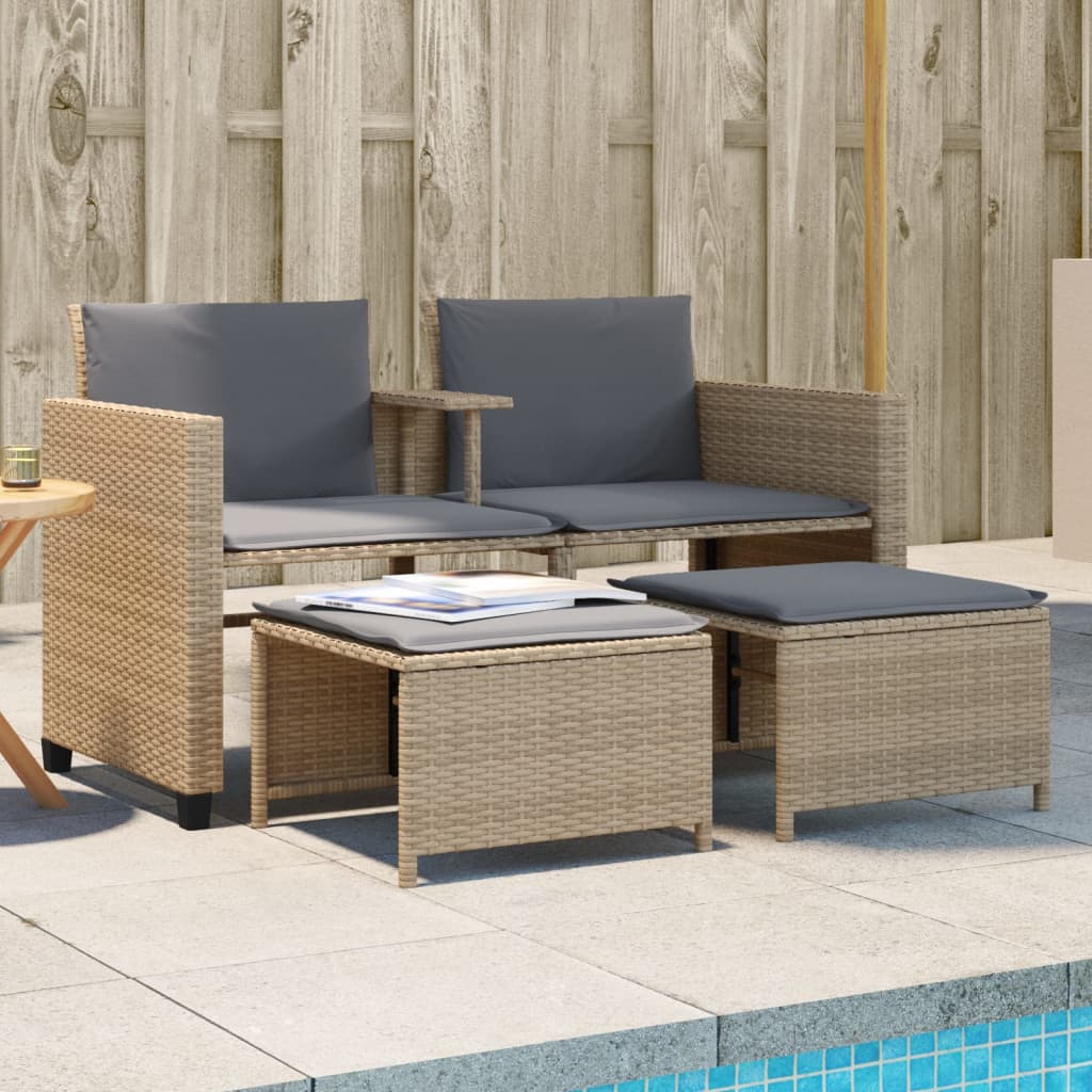 Trädgårdssoffa 2-Sits Med Bord Och Pallar Beige Konstrotting