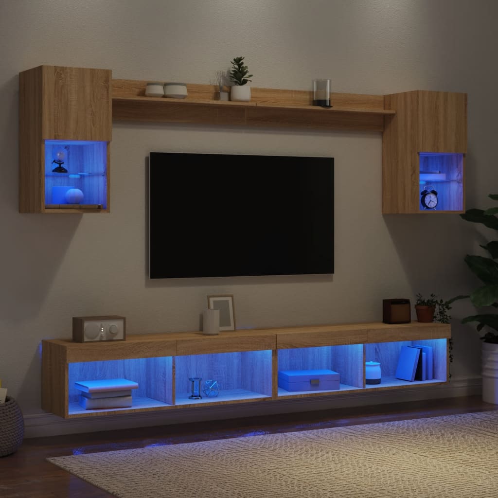 Tv-Bänk 6 Delar Led Sonoma-Ek Konstruerat Trä