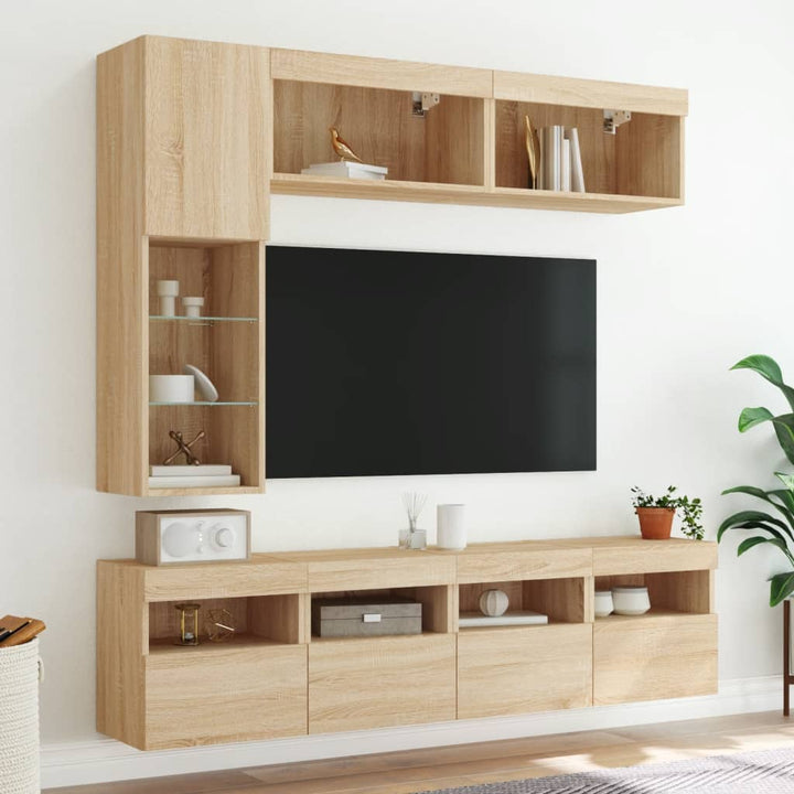 Väggmonterade Tv-Skåp 7 Delar Med Leds Sonoma-Ek