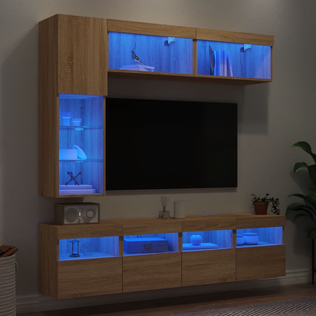 Väggmonterade Tv-Skåp 7 Delar Med Leds Sonoma-Ek
