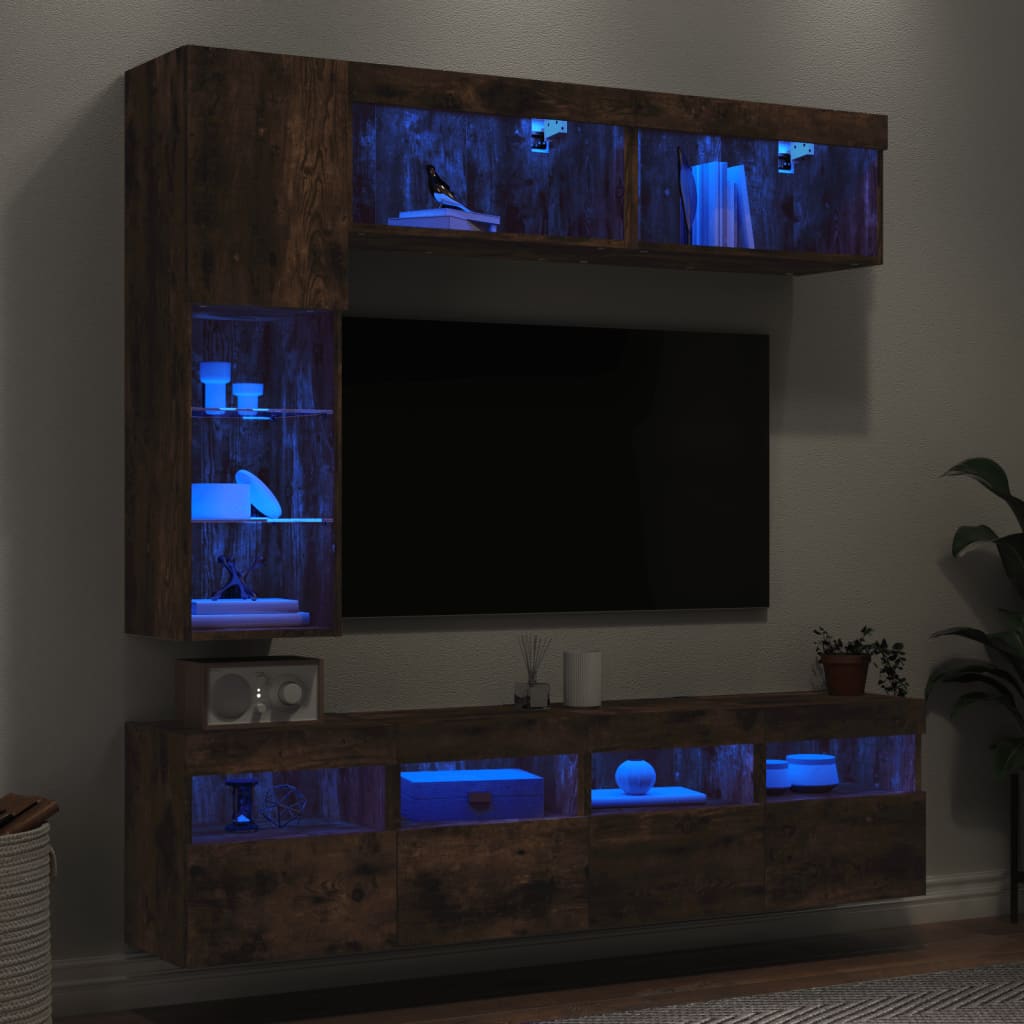 Väggmonterade Tv-Skåp 7 Delar Med Leds Sonoma-Ek