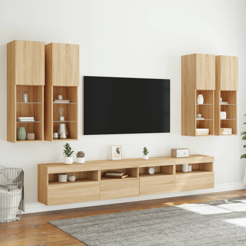 Väggmonterade Tv-Skåp 7 Delar Med Leds Sonoma-Ek