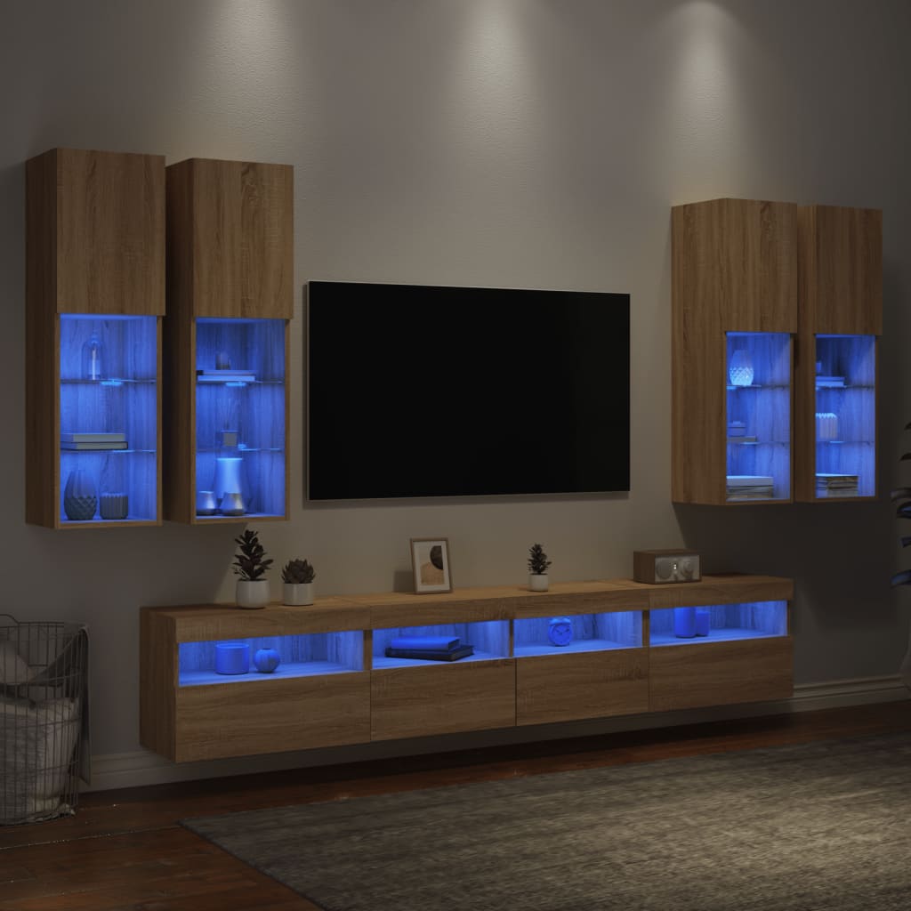 Väggmonterade Tv-Skåp 7 Delar Med Leds Sonoma-Ek