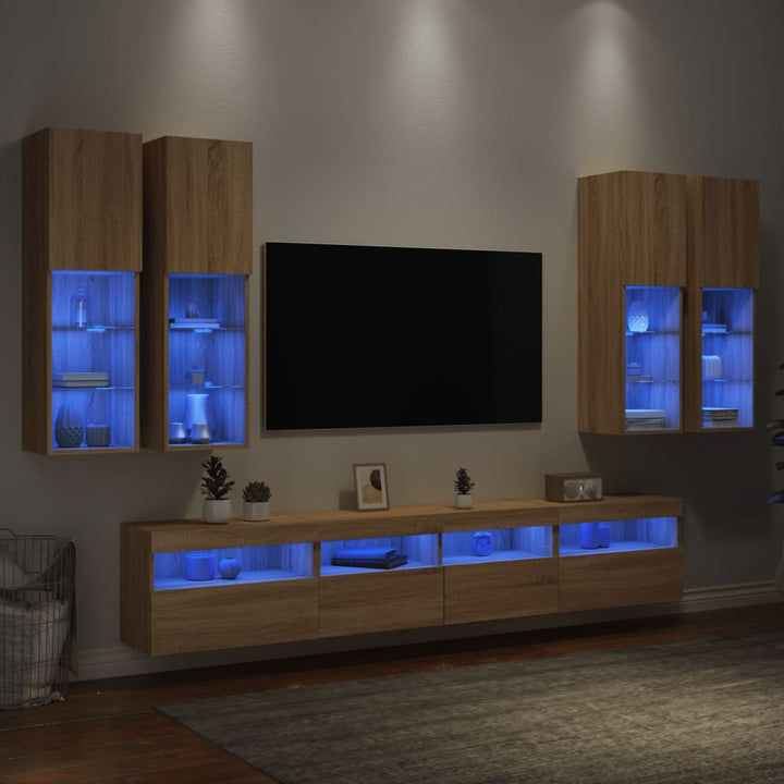 Väggmonterade Tv-Skåp 7 Delar Med Leds Sonoma-Ek