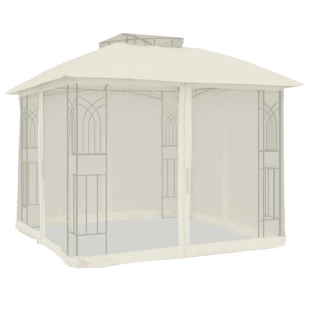 Paviljong Med Dubbelt Tak &amp; Nätväggar Gräddvit 2,94X2,94 M Stål