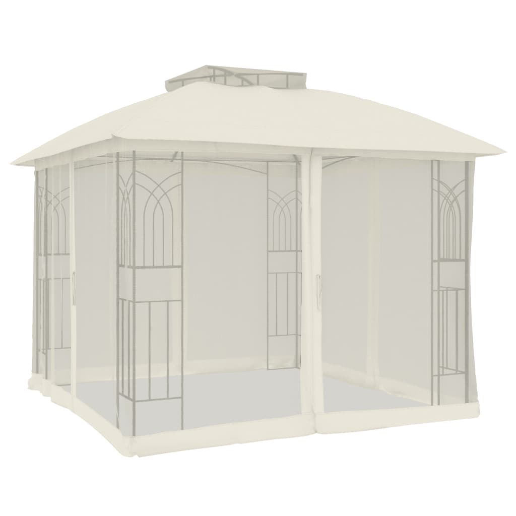Paviljong Med Dubbelt Tak &amp; Nätväggar Gräddvit 2,94X2,94 M Stål