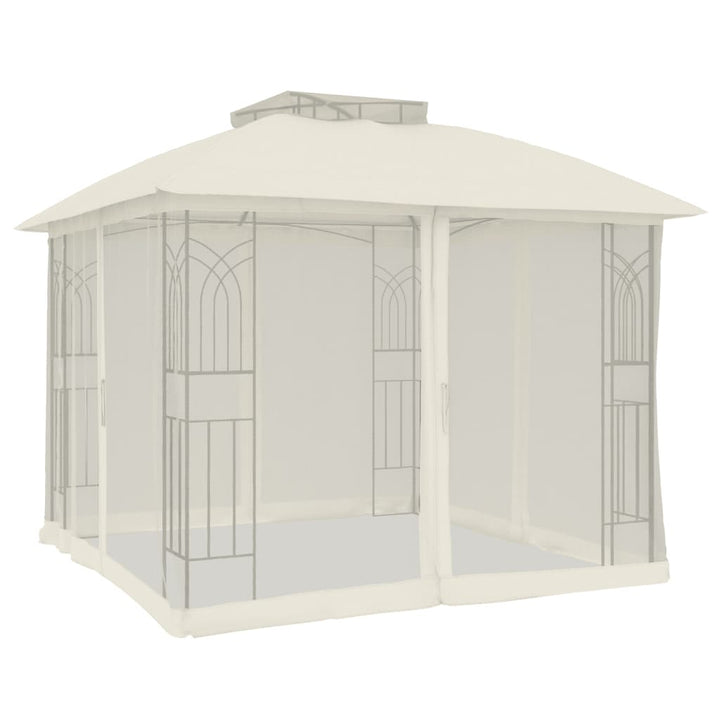 Paviljong Med Dubbelt Tak &amp; Nätväggar Gräddvit 2,94X2,94 M Stål
