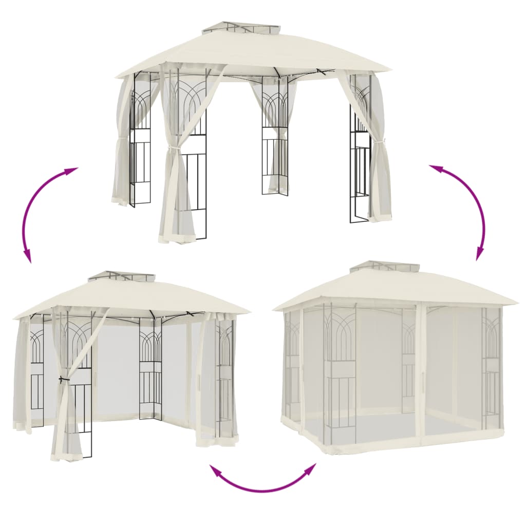 Paviljong Med Dubbelt Tak &amp; Nätväggar Gräddvit 2,94X2,94 M Stål