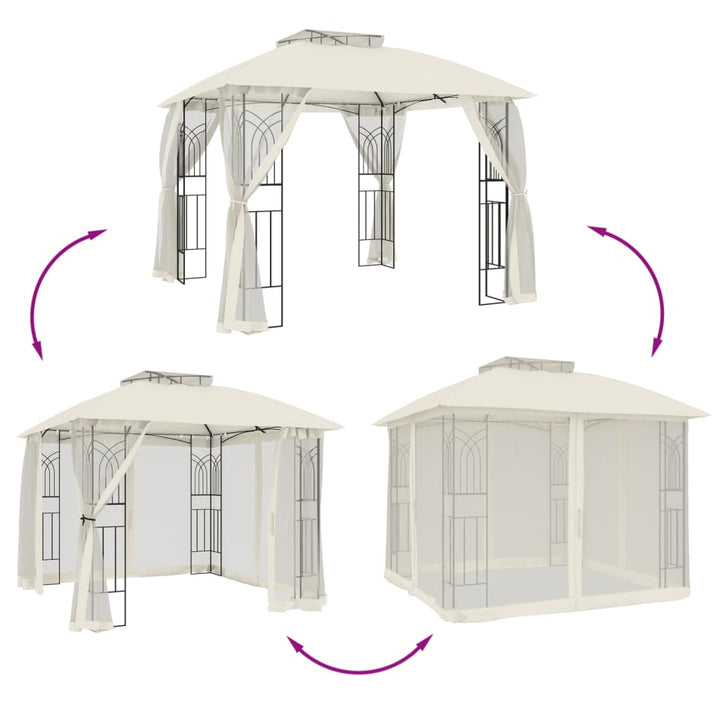 Paviljong Med Dubbelt Tak &amp; Nätväggar Gräddvit 2,94X2,94 M Stål