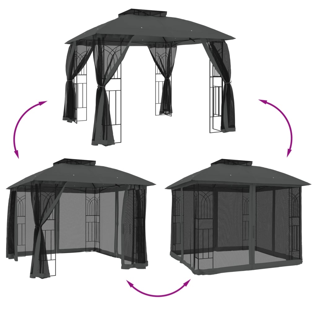 Paviljong Med Dubbelt Tak &amp; Nätväggar 2,94X2,94 M Stål
