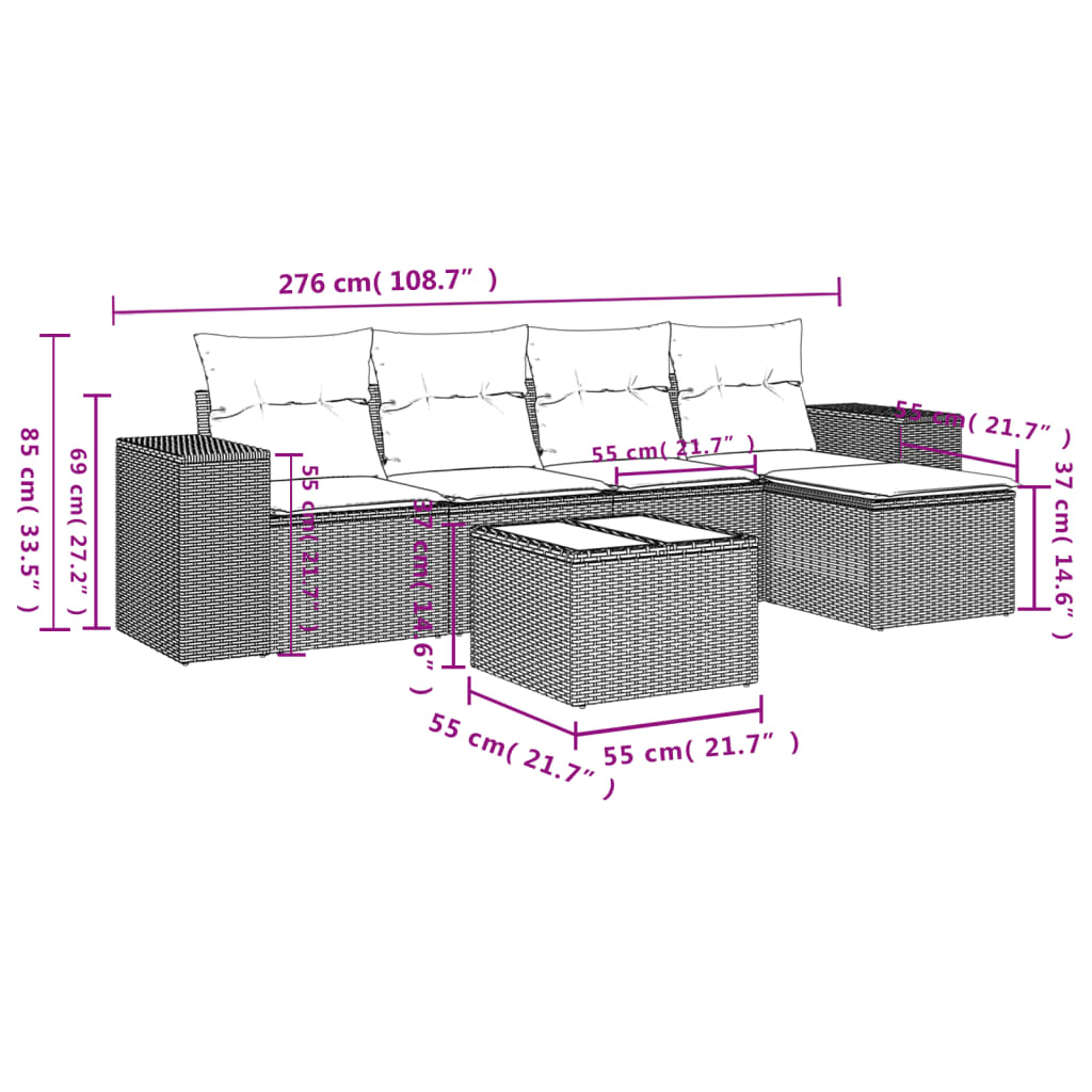 6 Delar Trädgårdssoffgrupp Med Dynor Brun Polyrotting