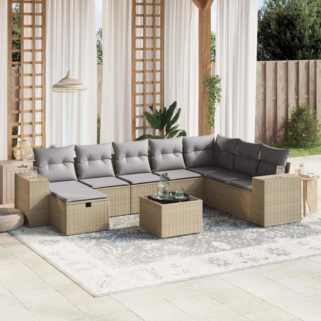 Matgrupp För Trädgården Med Dynor 8 Delar Beige Konstrotting