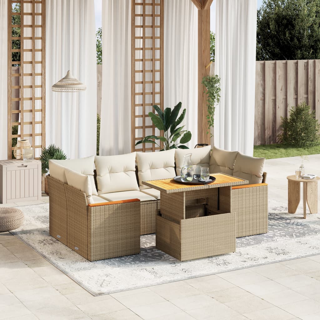 Matgrupp För Trädgården Med Dynor 7 Delar Beige Konstrotting