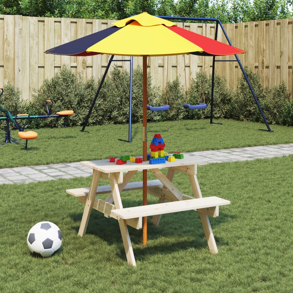 Picknickbord Med Bänkar Och Parasoll För Barn Flerfärgad Trä