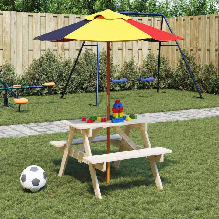 Picknickbord Med Bänkar Och Parasoll För Barn Flerfärgad Trä