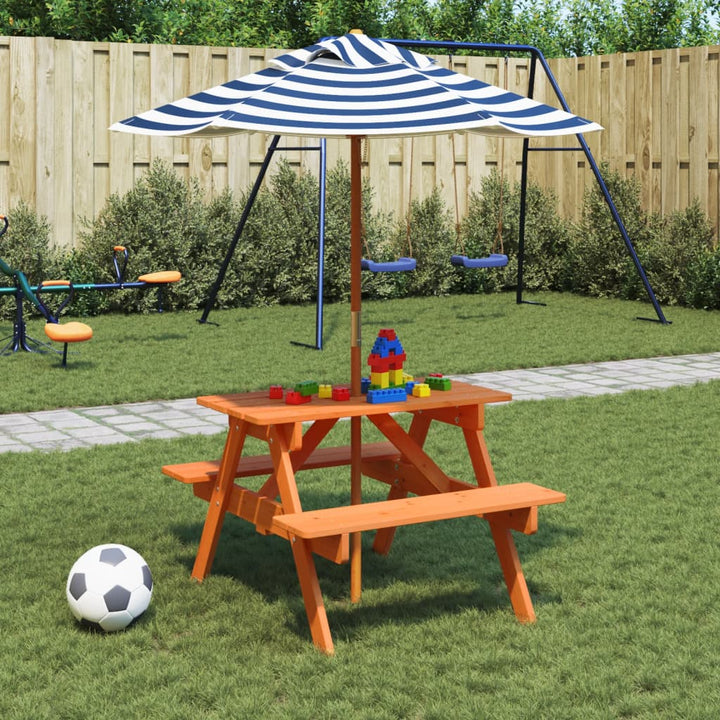 Picknickbord Med Bänkar Och Parasoll För Barn Flerfärgad Trä
