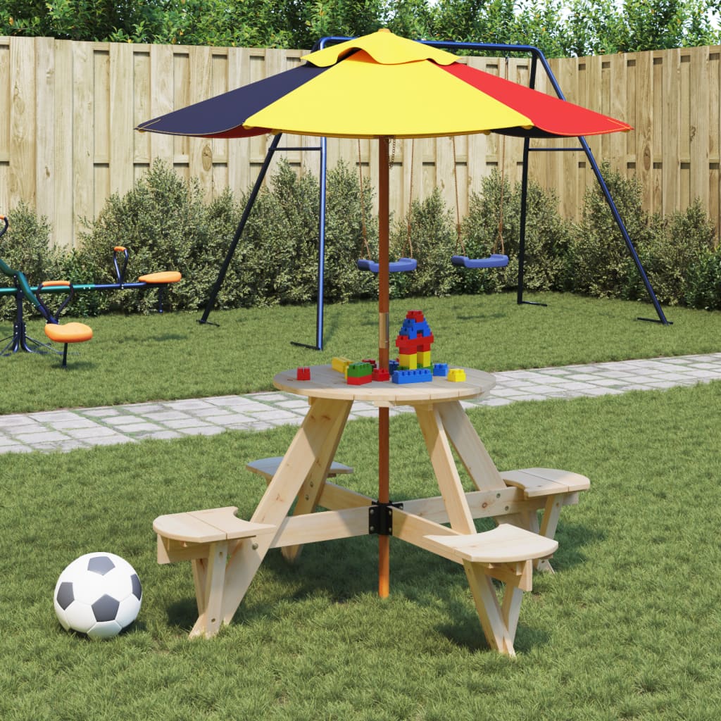 Picknickbord Med Parasollhål För 4 Barn Rund Massivt Granträ