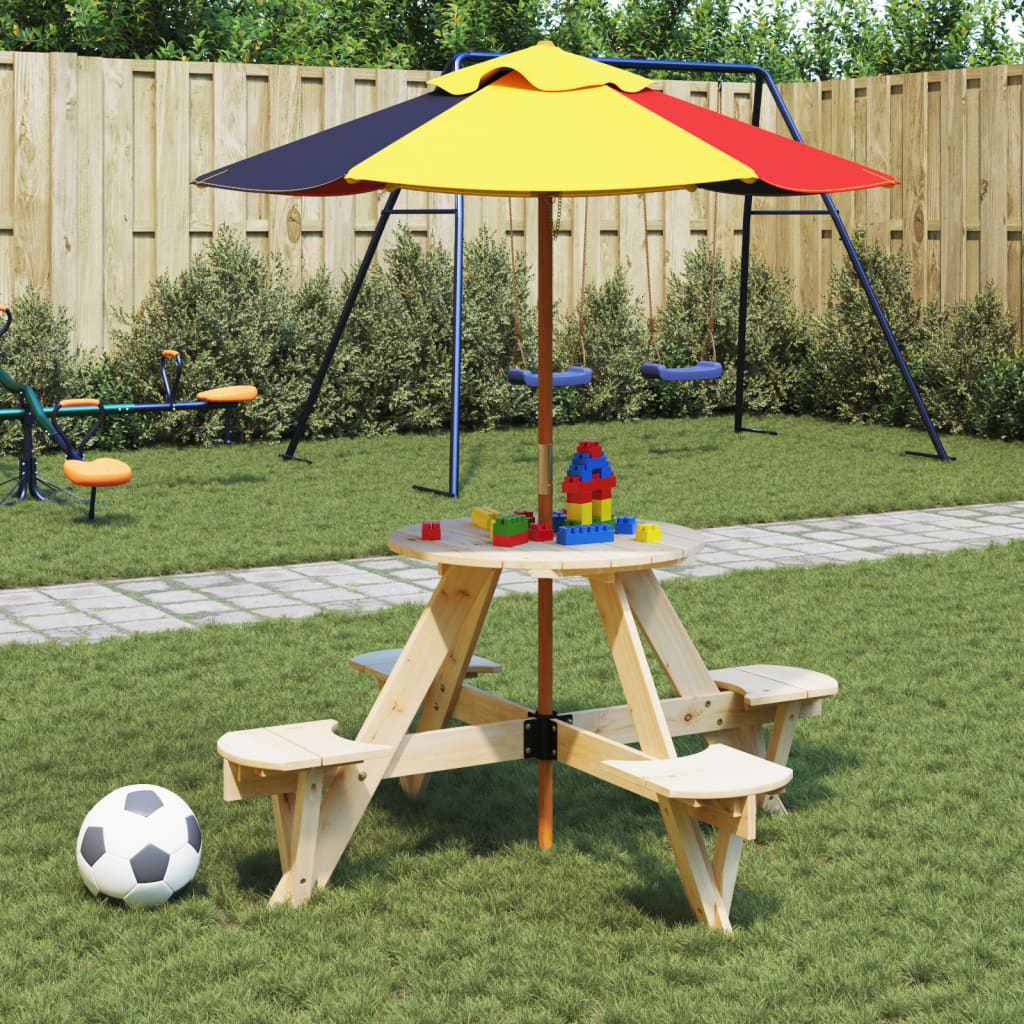Picknickbord Med Parasollhål För 4 Barn Rund Massivt Granträ