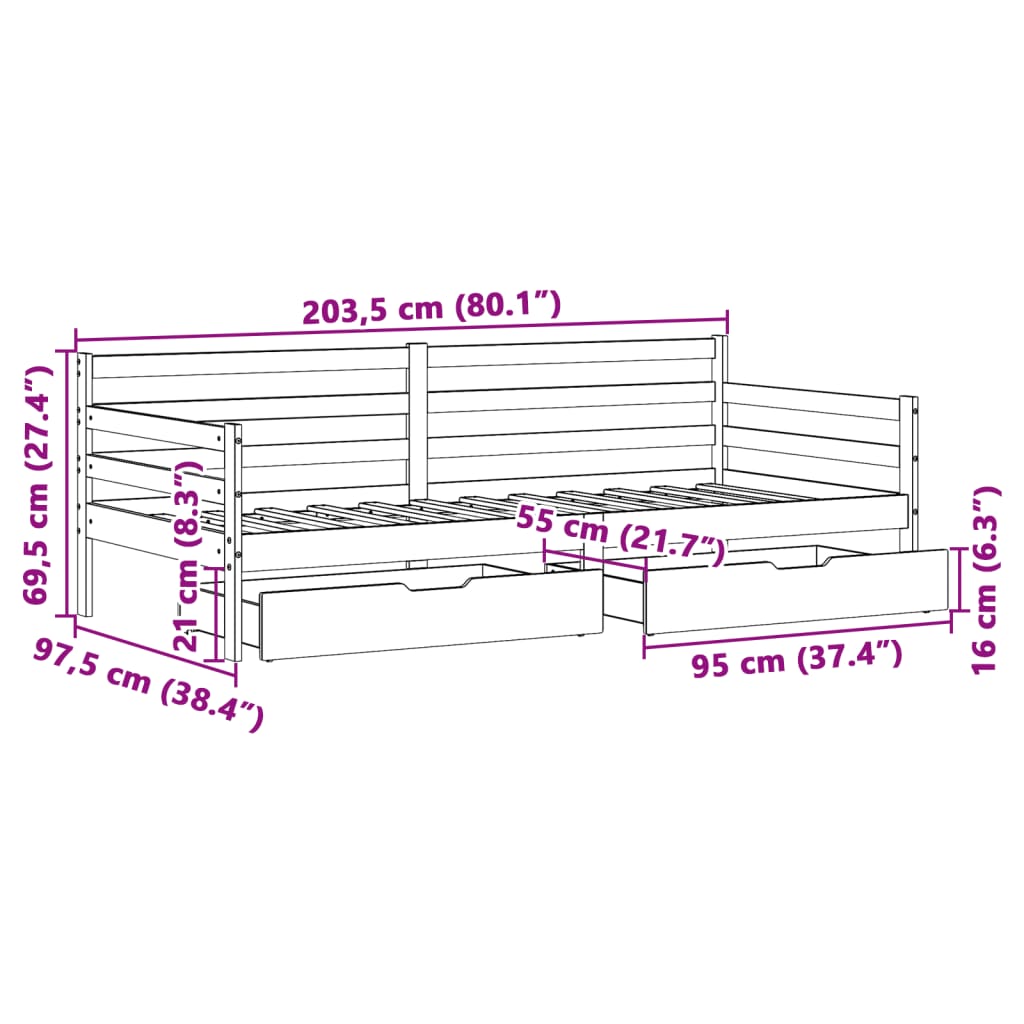 Dagbädd Med Lådor Vit 90X200 Cm Massiv Furu