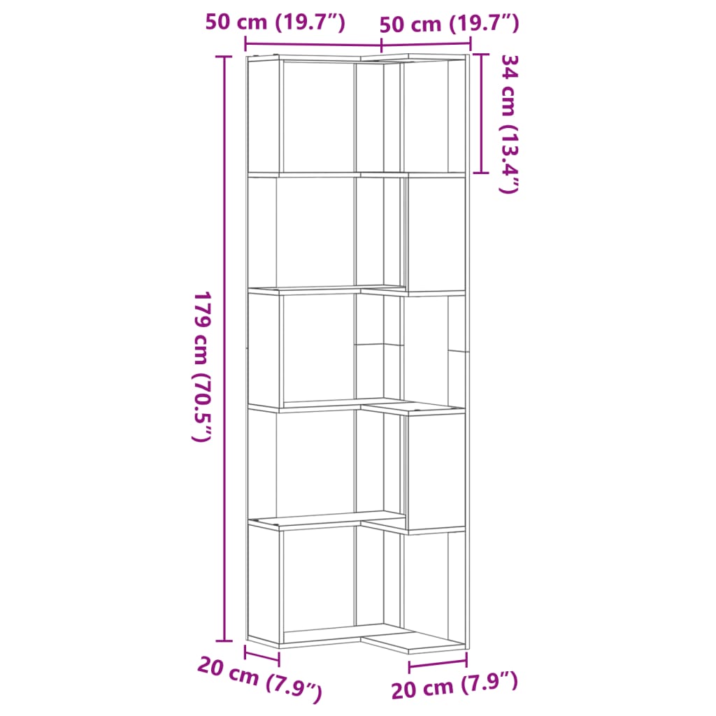 Bokhylla Hörn 5 Hyllplan Åldrat Trä 50X50X179Cm Konstruerat Trä