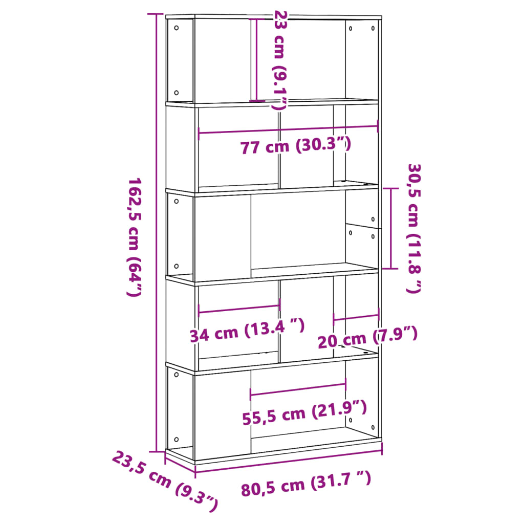 Bokhylla 5Hyllplan Åldrat Trä 80,5X23,5X162,5Cm Konstruerat Trä