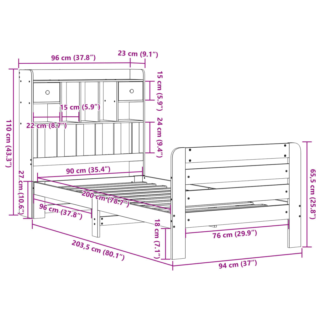 Säng Med Bokhylla Utan Madrass 90X200Cm Massiv Furu