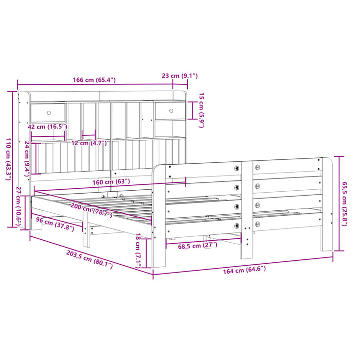 Säng Med Bokhylla Utan Madrass 160X200Cm Massiv Furu