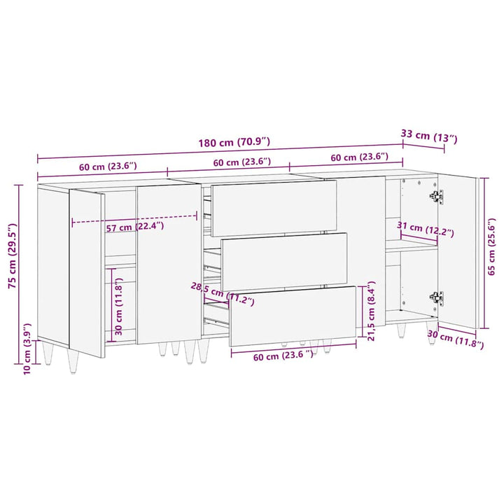 Skänksats 3 Pcs Brun 180 X 33 X 75 Cm Massivt Mangoträ