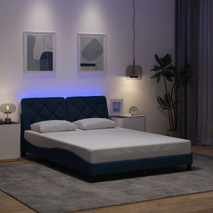 Bed Frame With Led Without Mattress Blue Fabric