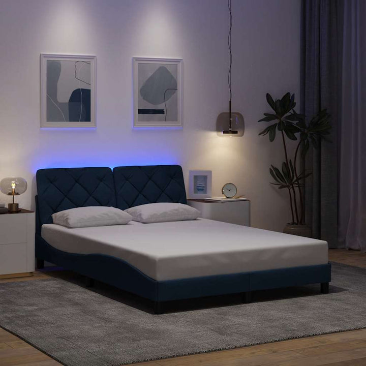 Bed Frame With Led Without Mattress Blue Fabric