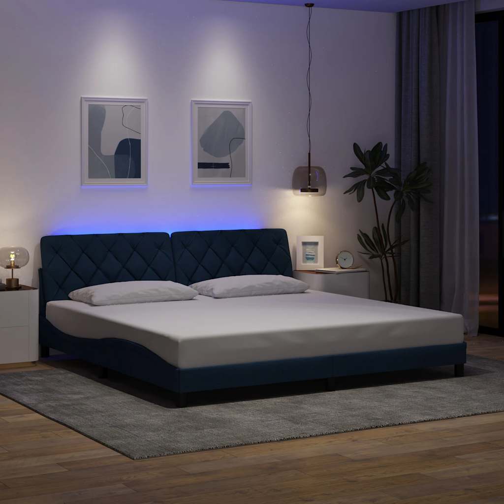 Bed Frame With Led Without Mattress Blue Fabric