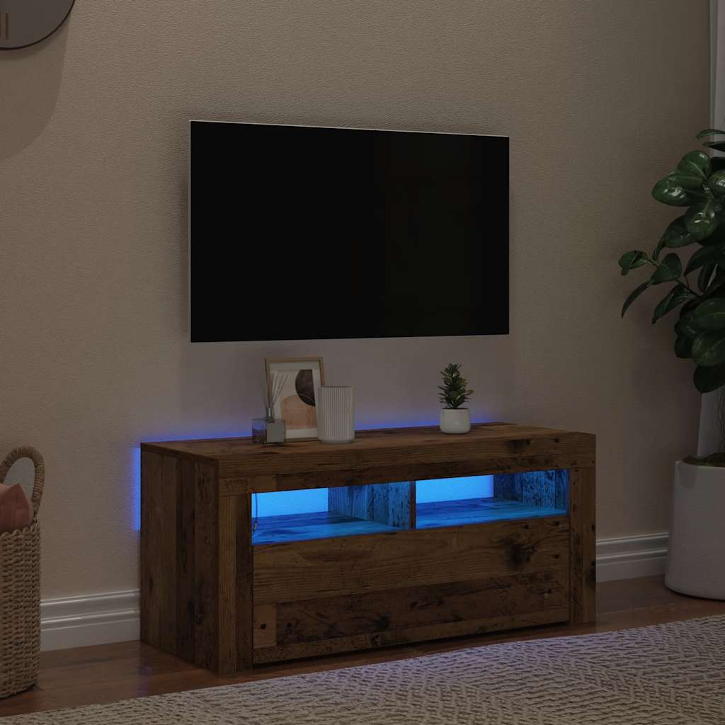 Tv-Bänk Med Led-Lampor Åldrat Trä 90X35X40 Cm Konstruerat Trä