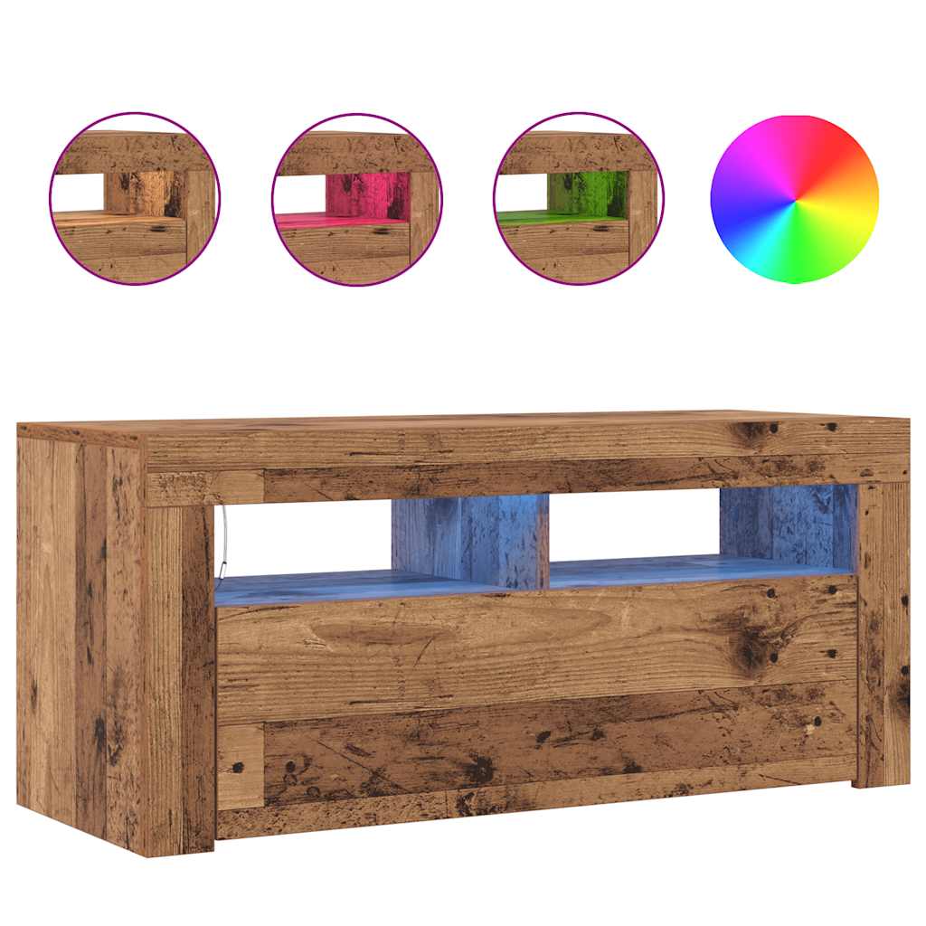 Tv-Bänk Med Led-Lampor Åldrat Trä 90X35X40 Cm Konstruerat Trä