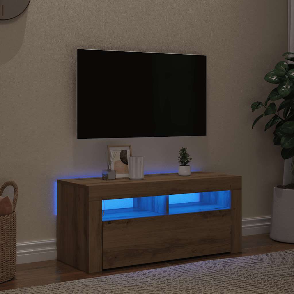 Tv-Bänk Med Led-Lampor 90X35X40 Cm Konstruerat Trä