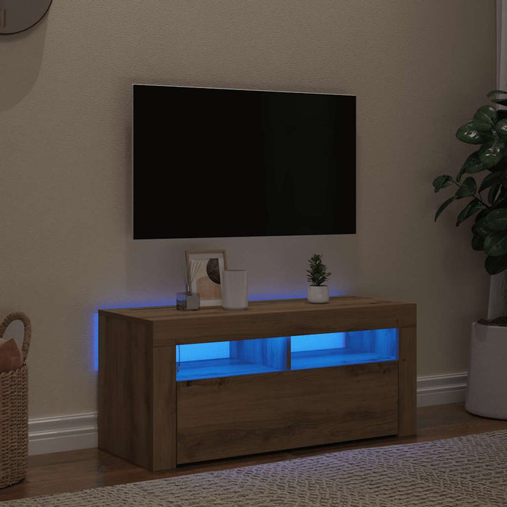 Tv-Bänk Med Led-Lampor 90X35X40 Cm Konstruerat Trä