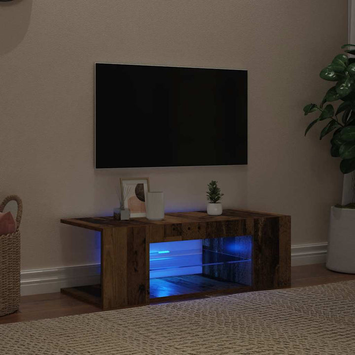 Tv-Bänk Med Led-Lampor Åldrat Trä 90X39X30 Cm Konstruerat Trä
