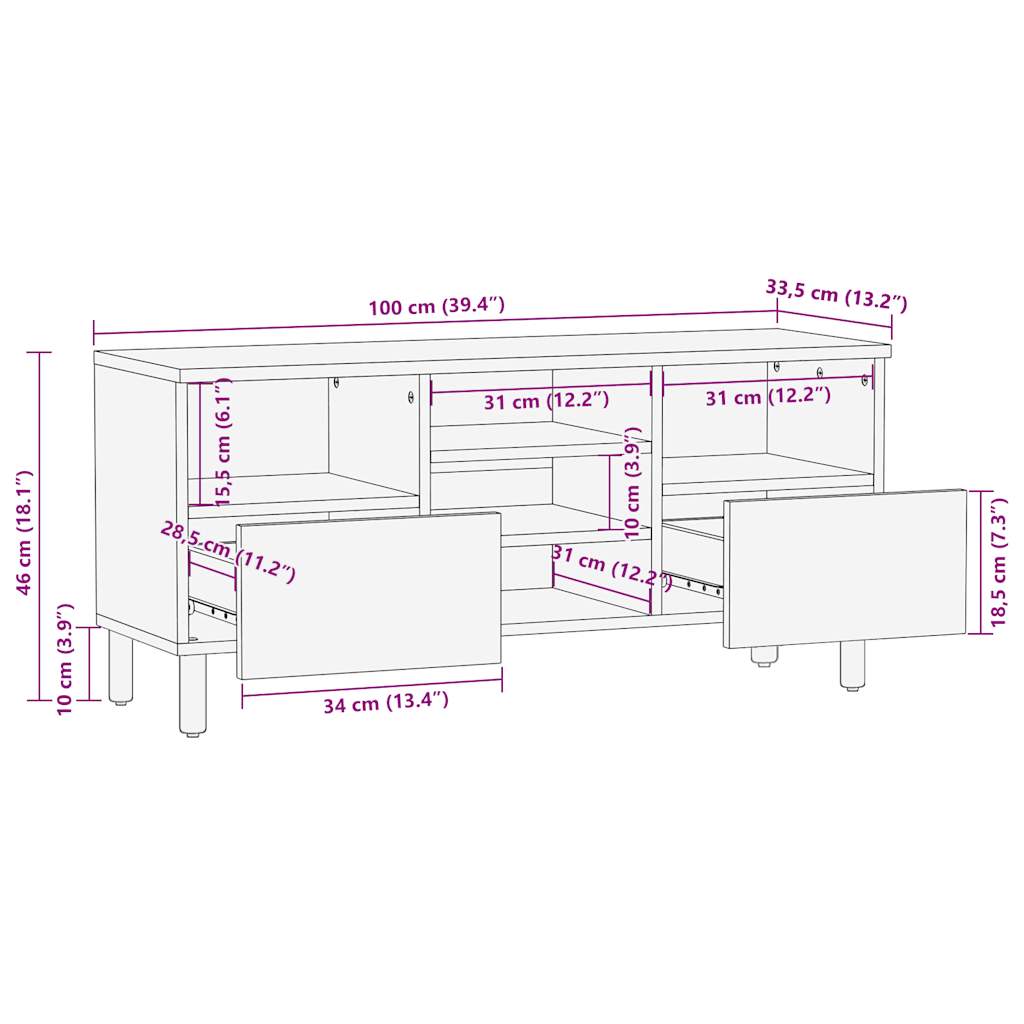 Tv-Bänk Svart 100X33,5X46 Cm Massivt Grovt Mangoträ