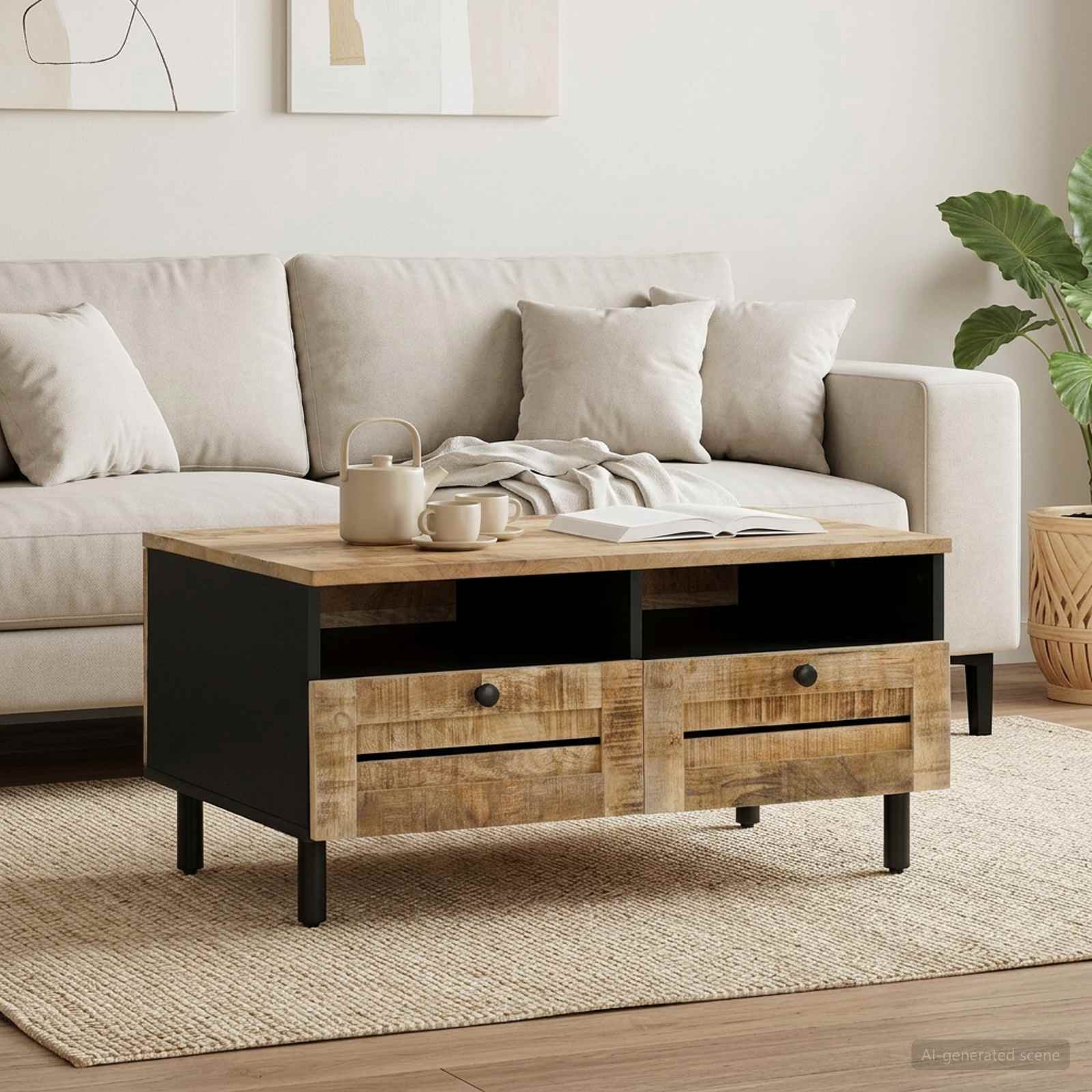Kaffeebord Brun Och Svart 80 X 54 X 40 Cm Massivt Mangoträ