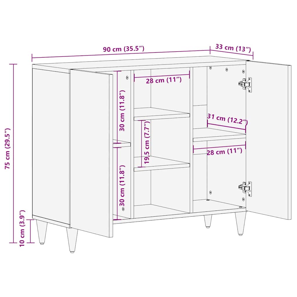 Sideboard Brun 90 X 33,5 X 75 Cm Massivt Mangoträ