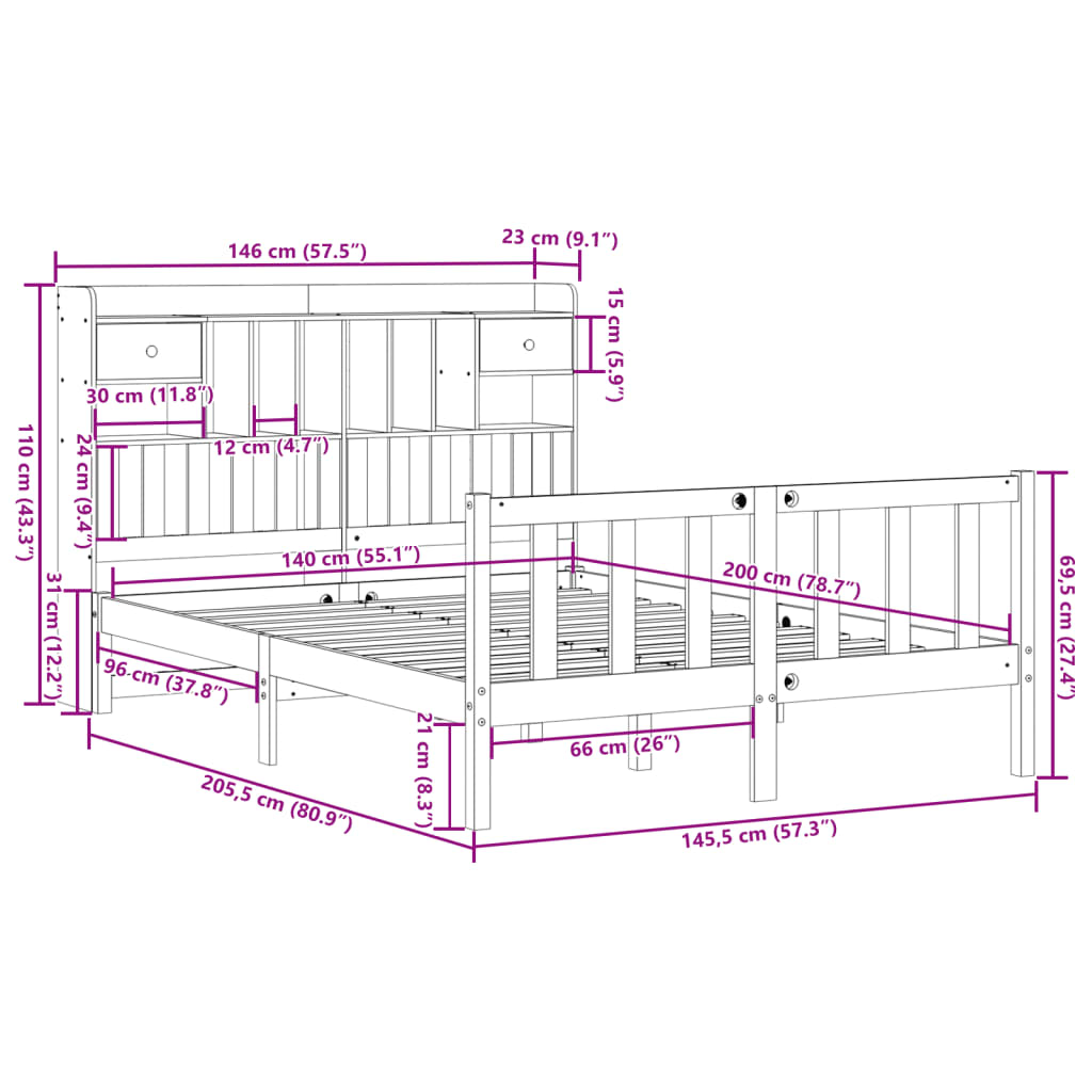 Säng Med Bokhylla Utan Madrass 140X200Cm Massiv Furu