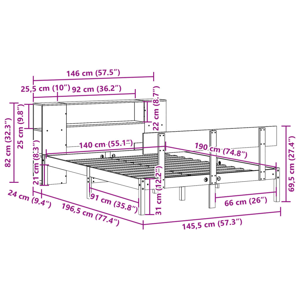 Säng Med Bokhylla Utan Madrass 140X190Cm Massiv Furu