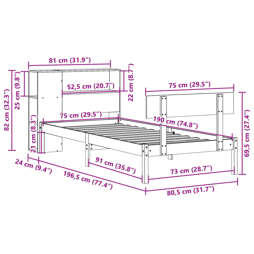 Säng Med Bokhylla Utan Madrass 75X190Cm Massiv Furu