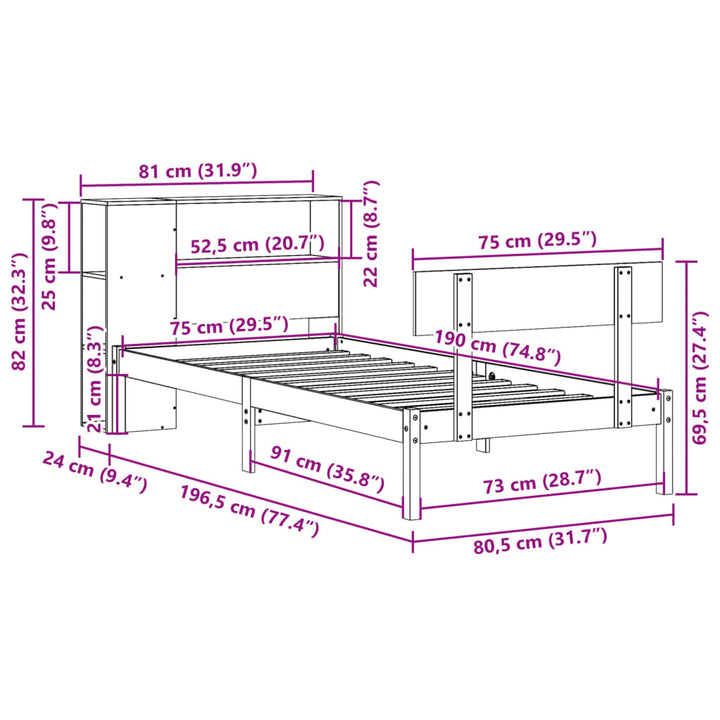 Säng Med Bokhylla Utan Madrass 75X190Cm Massiv Furu