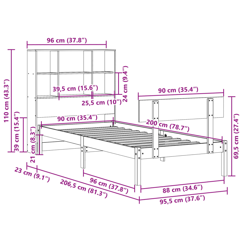 Säng Med Bokhylla Utan Madrass 90X200Cm Massiv Furu