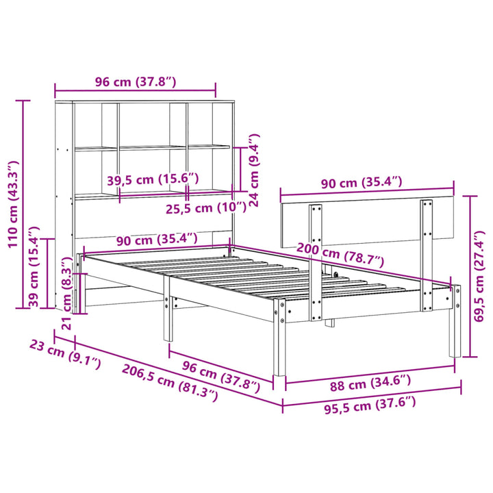 Säng Med Bokhylla Utan Madrass 90X200Cm Massiv Furu