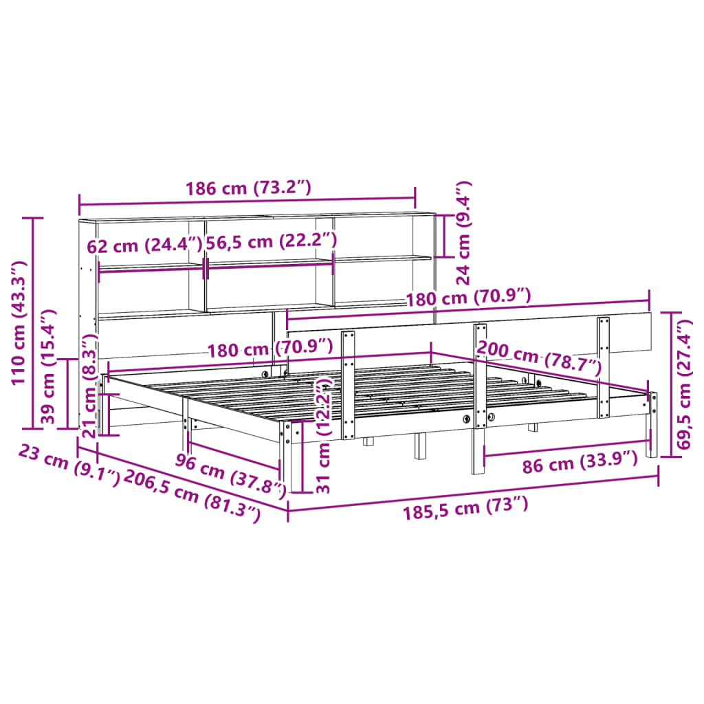 Säng Med Bokhylla Utan Madrass 180X200Cm Massiv Furu