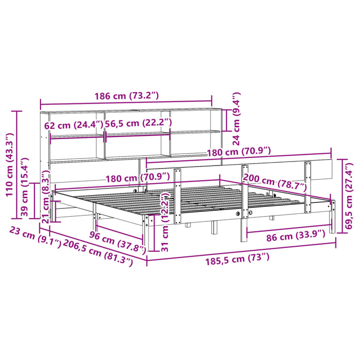 Säng Med Bokhylla Utan Madrass 180X200Cm Massiv Furu