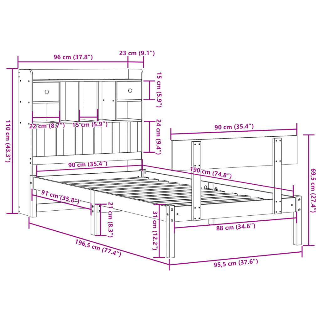 Säng Med Bokhylla Utan Madrass 90X190Cm Massiv Furu
