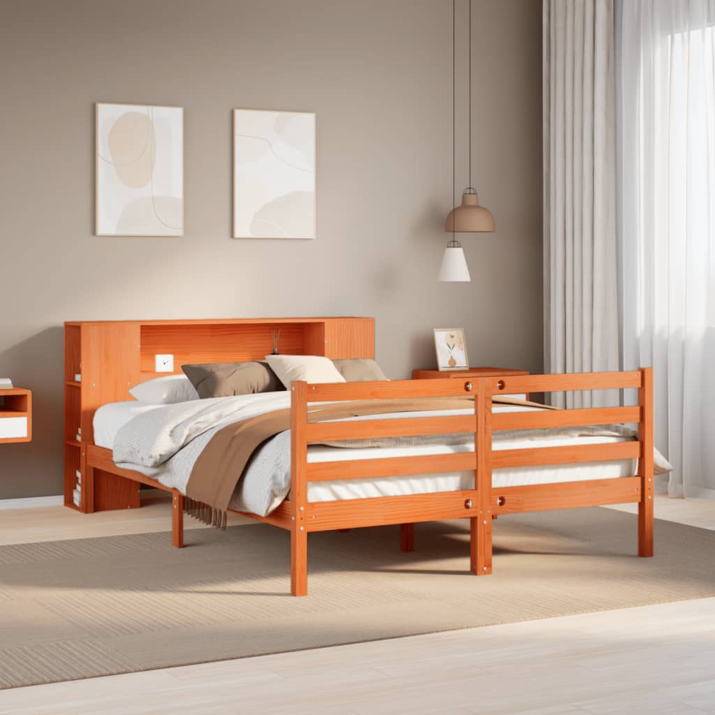 Säng Med Bokhylla Utan Madrass 200X200Cm Massiv Furu