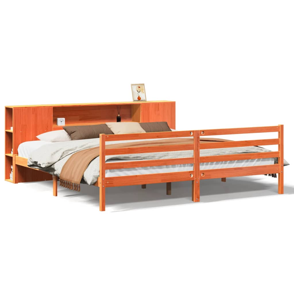 Säng Med Bokhylla Utan Madrass 200X200Cm Massiv Furu